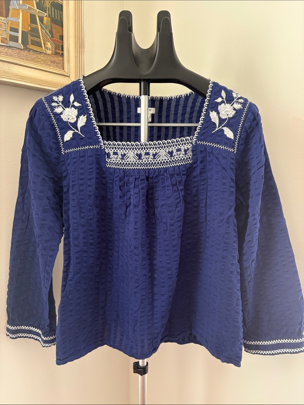 J.Crew embroidered navy boho peasant Mblouse floral embroidery statement sleeves